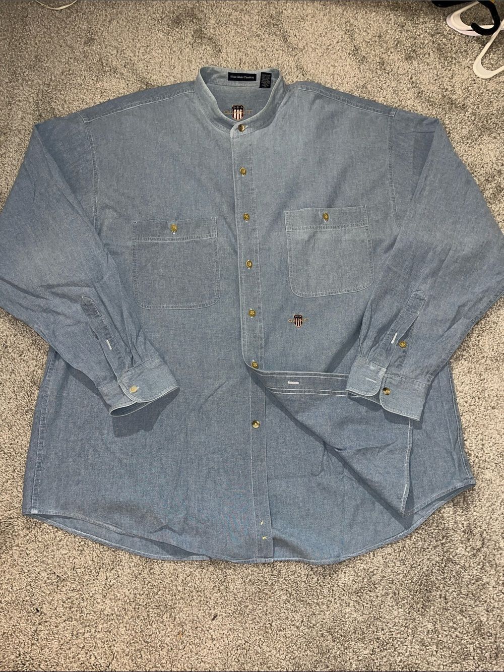 Gant White Water Chambray Denim LS Shirt Buttons Up Mandarin Collar Long Sleeve